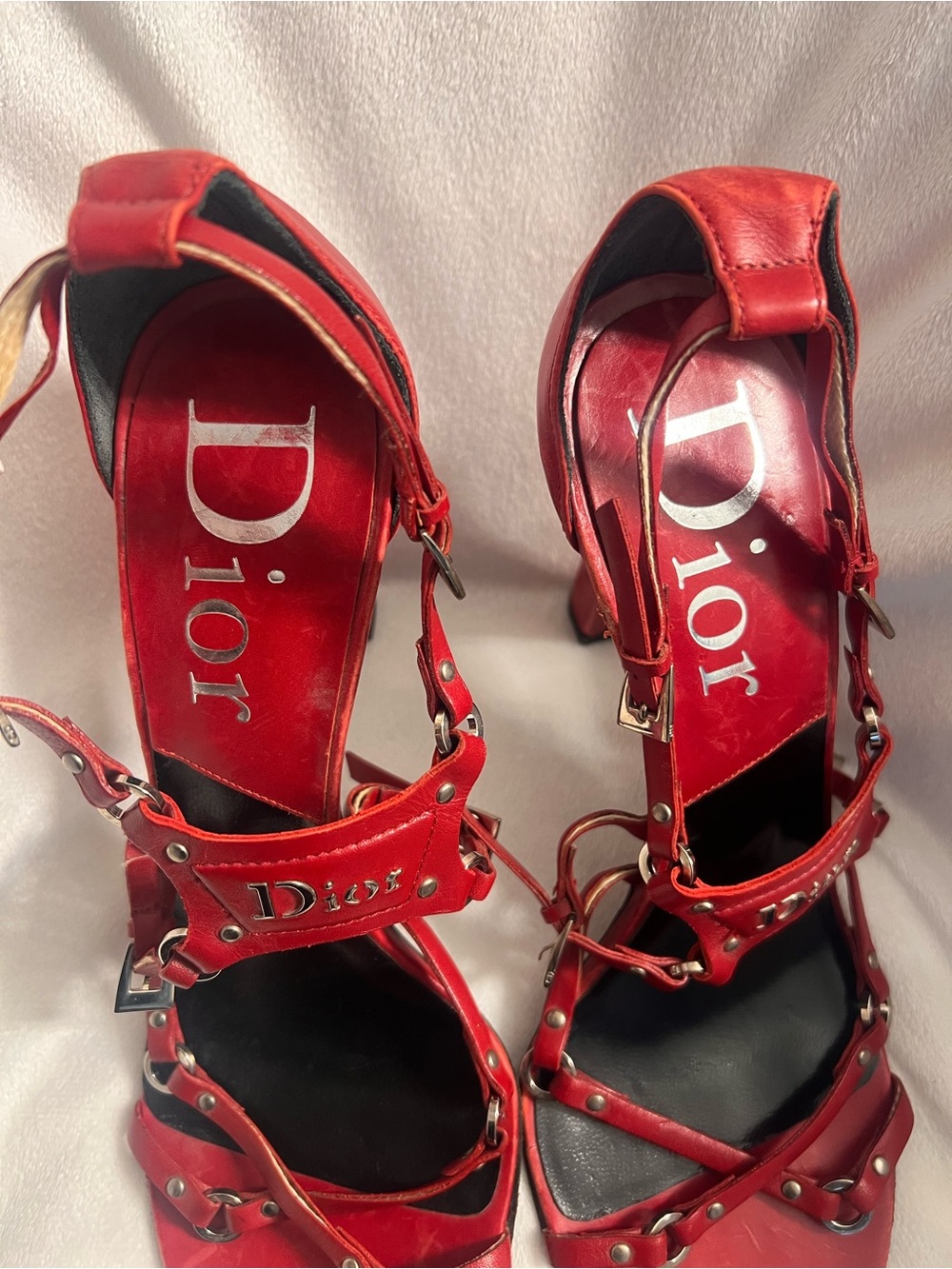 Dior Bondage Red Leather Studded Strappy Heels - Picture 6 of 9